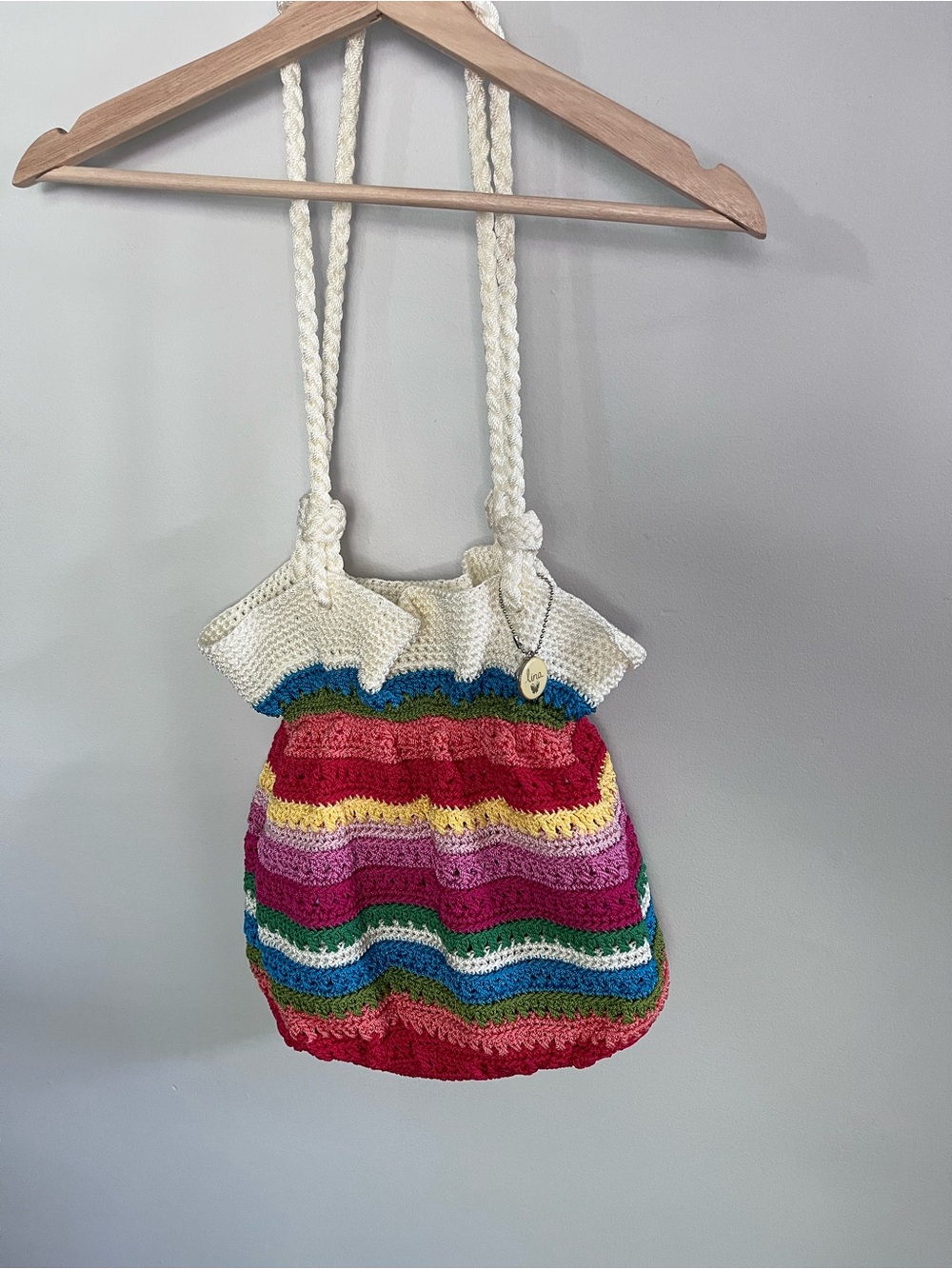 Lina Crochet Striped Shoulder Bag Multi-Color Boho Knit Lined Tote